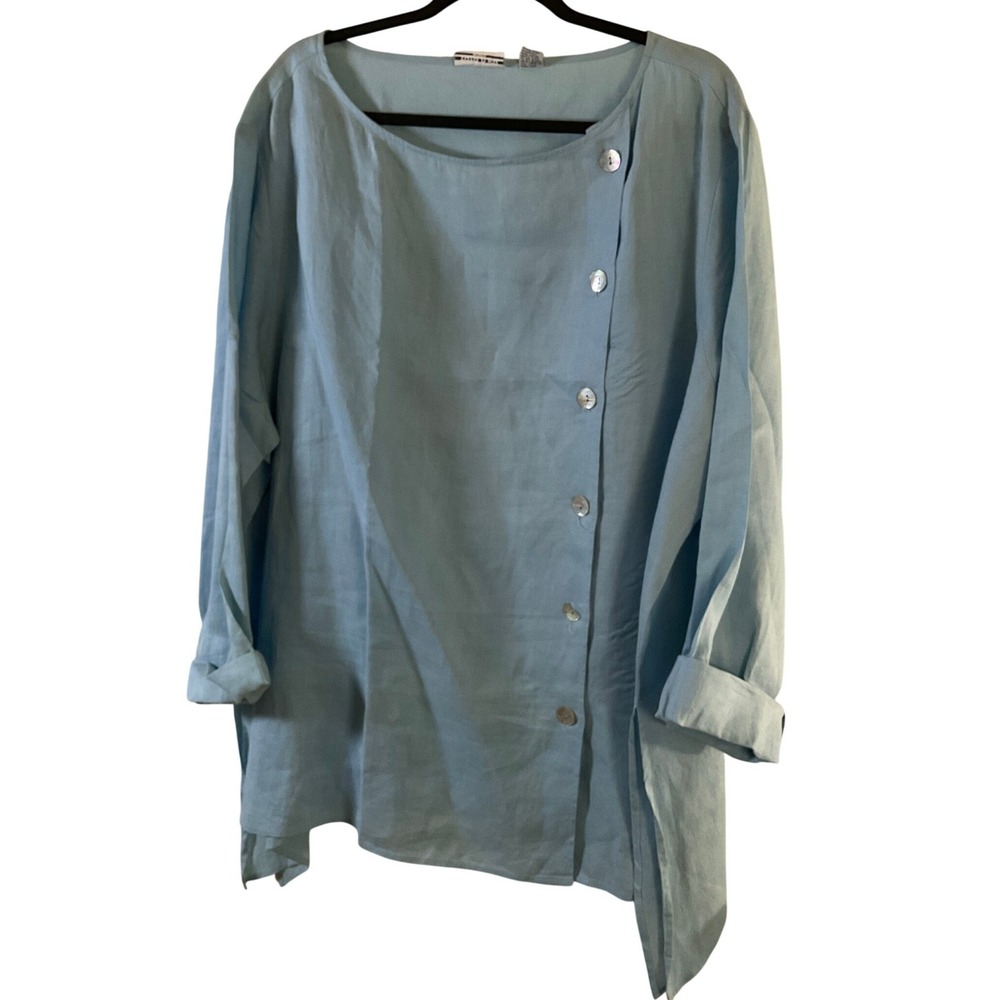 Toto n Ko Womens 2X Light Blue 100% Linen Asymmetrical Button Front Tunic Top